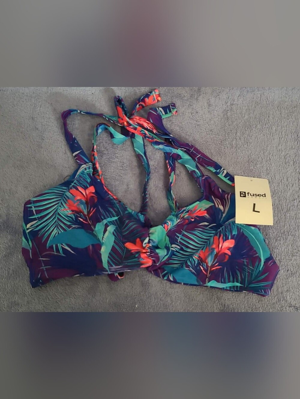 Fused Tropical Print Bikini Top - Purple Teal Coral